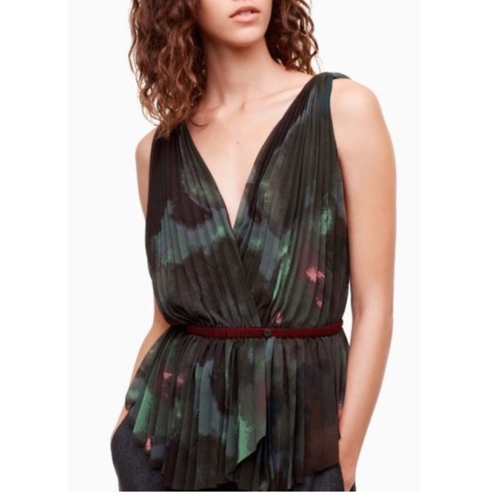 Aritzia Dark Floral Pleated V-Neck Sleeveless Blouse